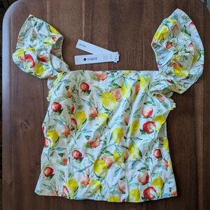 Aqua Size L Fruit Off-Shoulder Shirred Spring/Summer Top